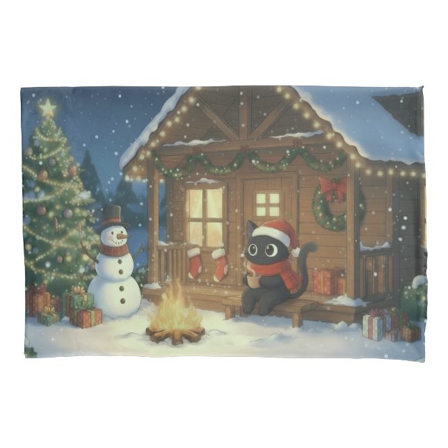Black Cat Festive Christmas Scene  Kissenbezug (Vorderseite)