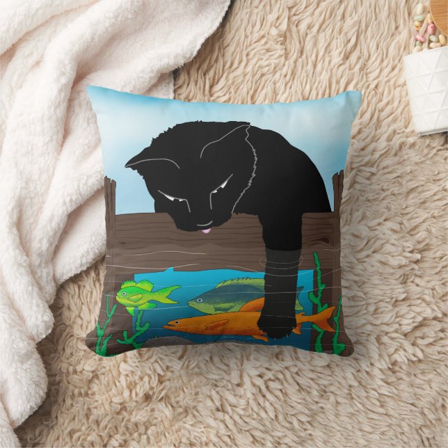 Black Cat Fishing Blue Throw Kissen (Decke)