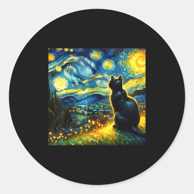 Black Cat Funny Cat Lover Mom Daddy Starry Night V Runder Aufkleber (Vorderseite)