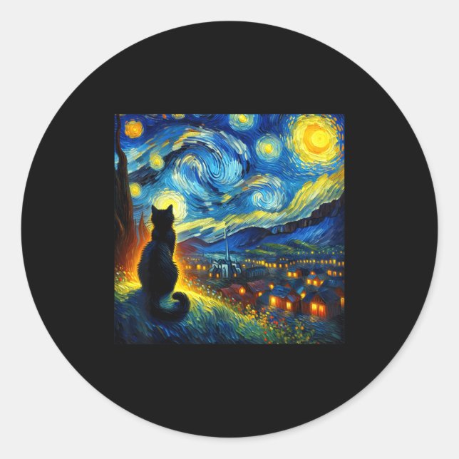 Black Cat Funny Cat Lover Mom Daddy Starry Night V Runder Aufkleber (Vorderseite)