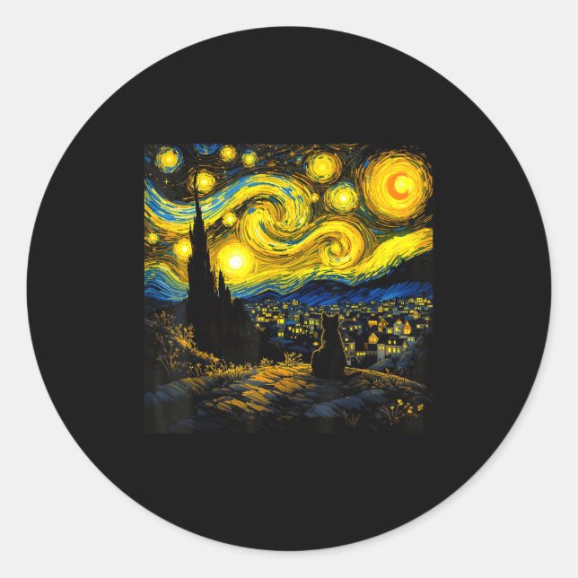 Black Cat Funny Cat Lover Mom Daddy Starry Night V Runder Aufkleber (Vorderseite)