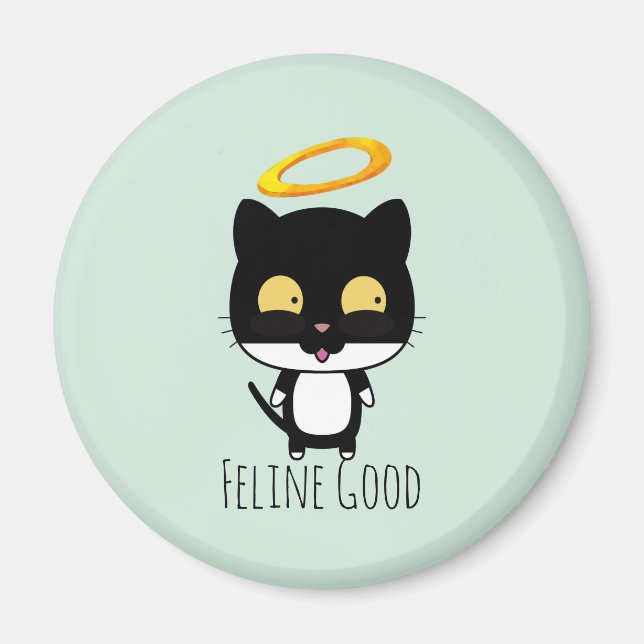 Black Cat Funny Puff mit Halo - Feline Good Magnet (Vorne)