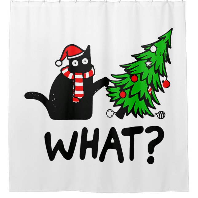 Black Cat Funny Pushing Christmas Tree Duschvorhang (Vorderseite)