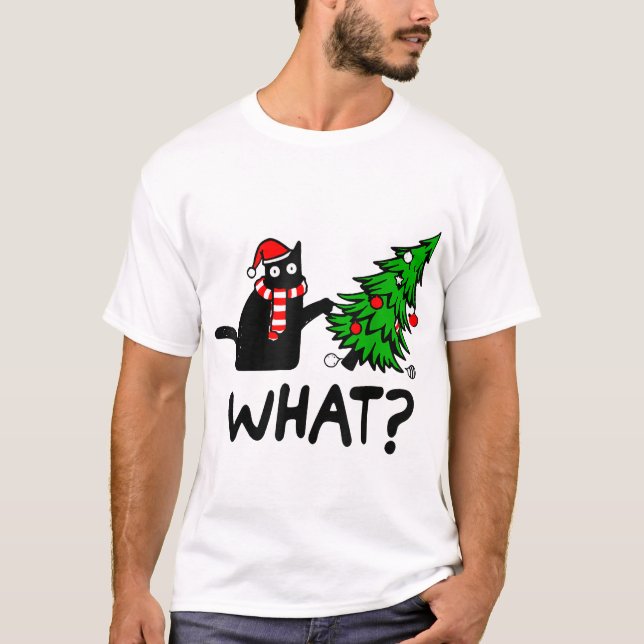 Black Cat Geschenk Pushing Weihnachtsbaum über Kat T-Shirt (Vorderseite)