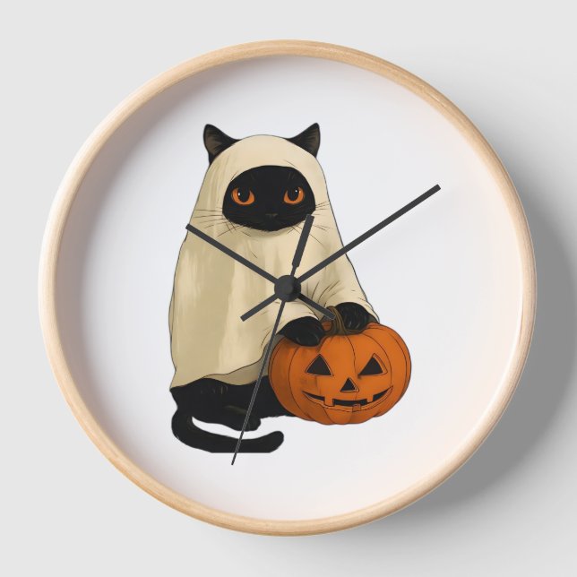 Black Cat Ghost mit Pumpkin Essential T - Shirt Uhr (Vorderseite)