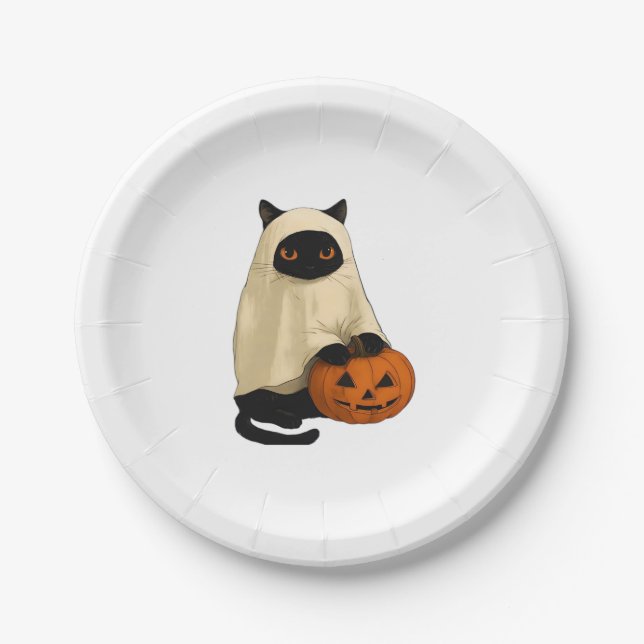 Black Cat Ghost with Pumpkin Essential T-Shirt Pappteller (Vorderseite)