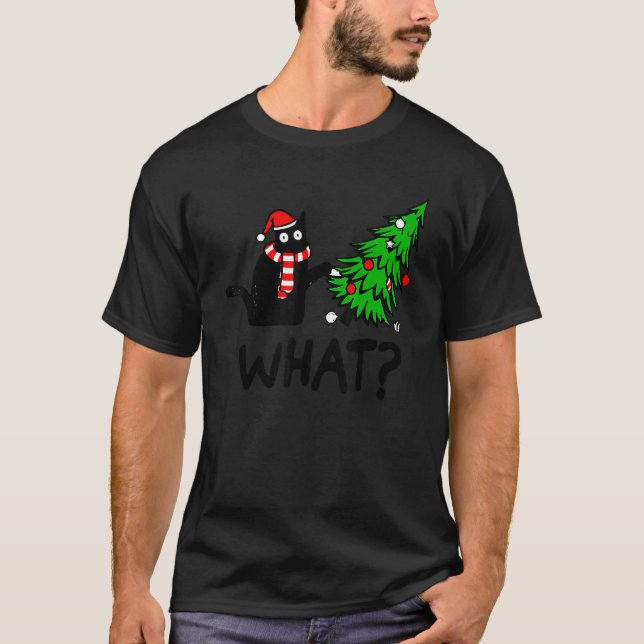 Black Cat Gift Pushing Christmas Tree Over Cat Wha T-Shirt (Vorderseite)