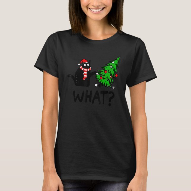 Black Cat Gift Pushing Christmas Tree Over Cat Wha T-Shirt (Vorderseite)