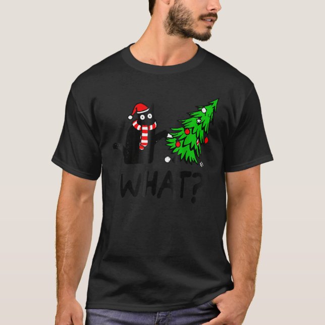 Black Cat Gift Pushing Christmas Tree Over Cat Wha T-Shirt (Vorderseite)