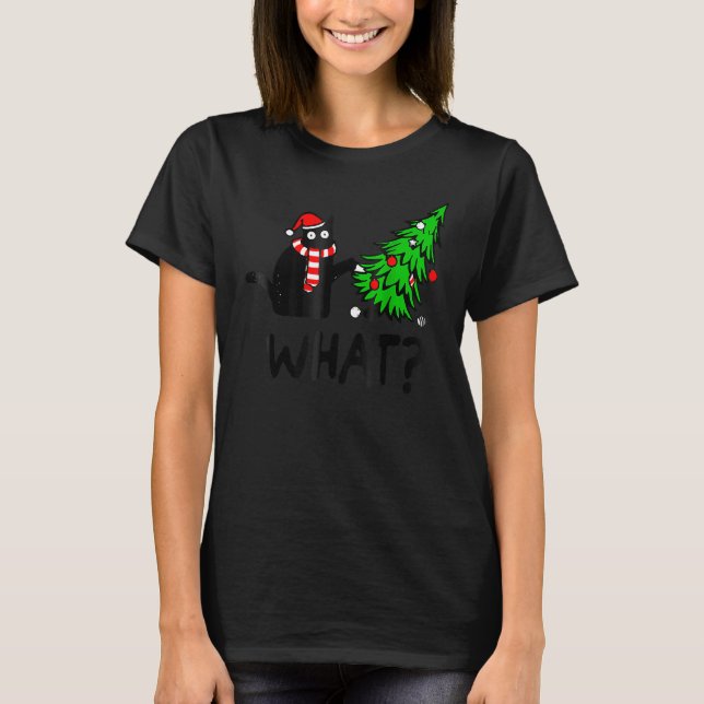 Black Cat Gift Pushing Christmas Tree Over Cat Wha T-Shirt (Vorderseite)