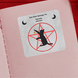 Black Cat Gold Star Black Crescent Moons Pentagram Quadratischer Aufkleber