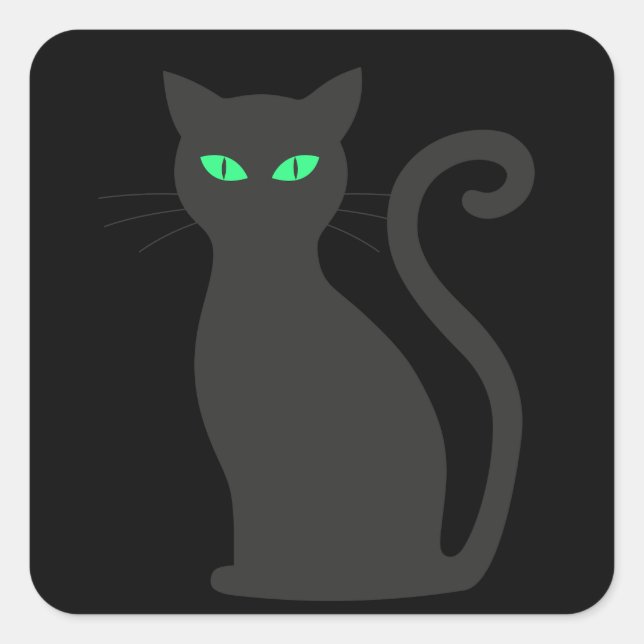 Black Cat Green Eyes Halloween Quadratischer Aufkleber (Vorderseite)