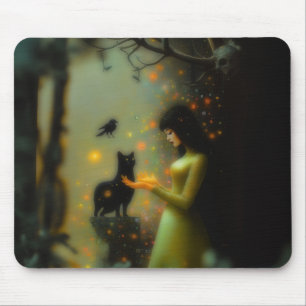 Black Cat Green Forest Occult Dark Hexy AI Art Mousepad