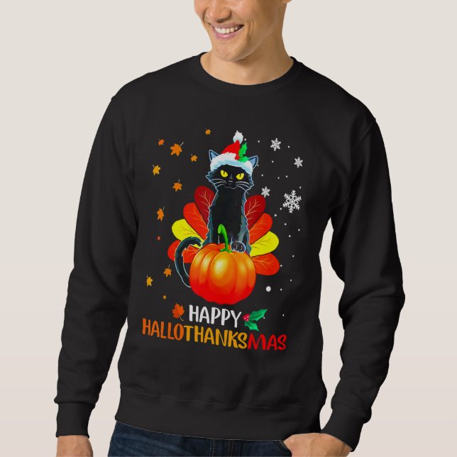 Black Cat Halloween And Merry Christmas Happy Hall Sweatshirt (Vorderseite)