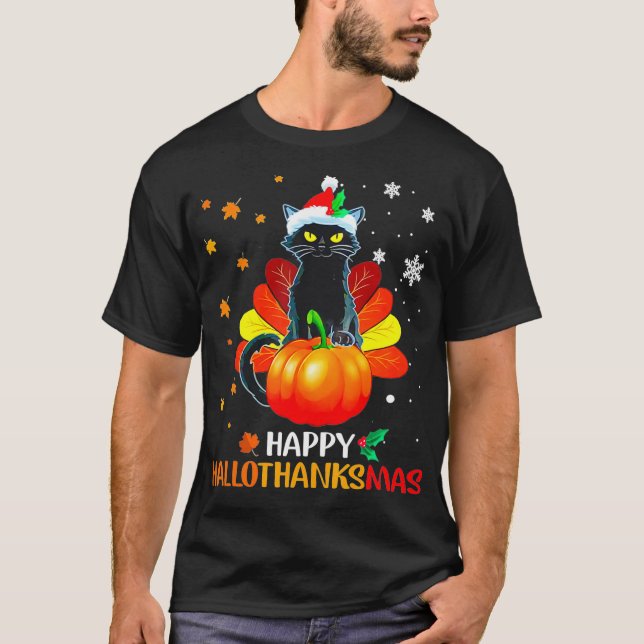 Black Cat Halloween And Merry Christmas Happy T-Shirt (Vorderseite)