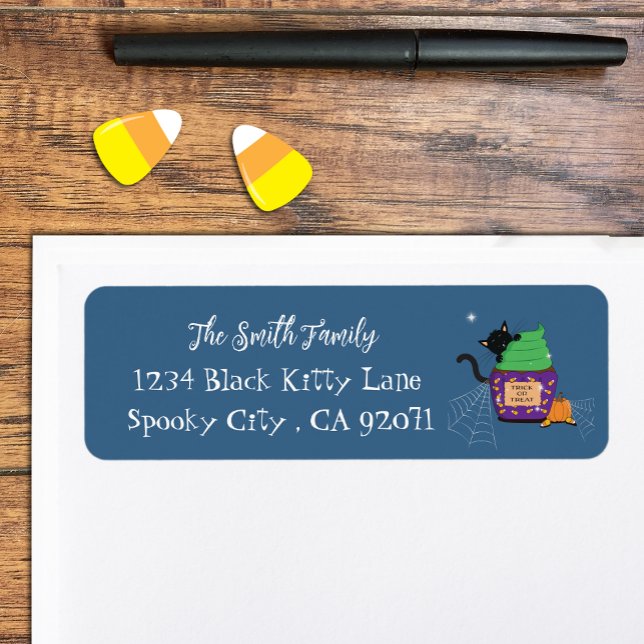 Black Cat Halloween Blue Rücksendeadressen-Aufkleb (Von Creator hochgeladen)