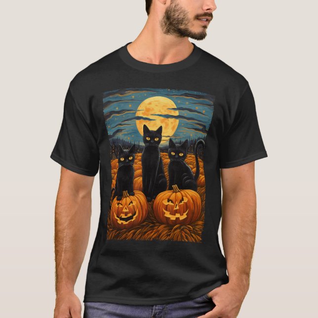 Black Cat Halloween Cat Lovers Starry Night Cat Va T-Shirt (Vorderseite)