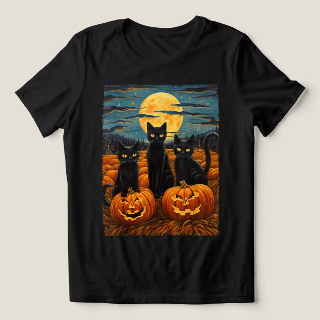 Black Cat Halloween Cat Lovers Starry Night Cat Va Tri-Blend Shirt (Design Vorderseite)
