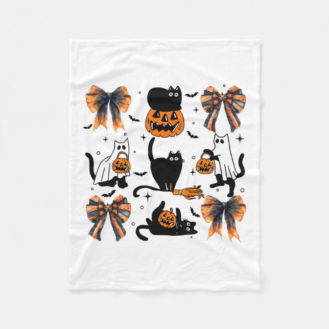 Black Cat Halloween Coquette Bow Halloween Pumpkin Fleecedecke (Vorderseite)