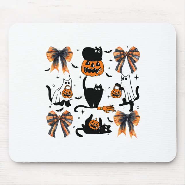 Black Cat Halloween Coquette Bow Halloween Pumpkin Mousepad (Vorne)