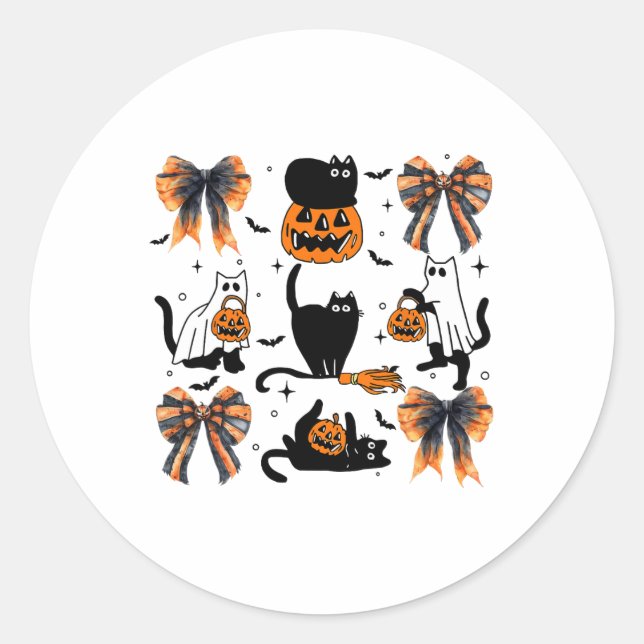 Black Cat Halloween Coquette Bow Halloween Pumpkin Runder Aufkleber (Vorderseite)
