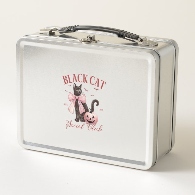 Black Cat Halloween Coquette Social Club Pink Bow Metall Brotdose (Vorderseite)