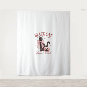 Black Cat Halloween Coquette Social Club Pink Bow Wandteppich