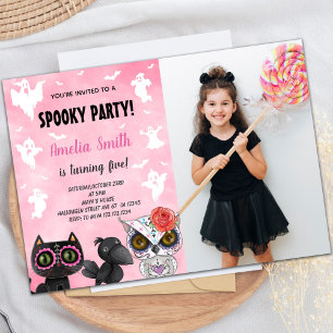 Black Cat Halloween Geburtstagseinladungen w Foto Einladung