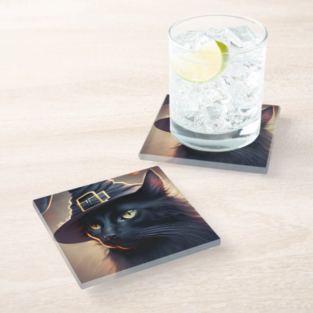 Black Cat Halloween Glasuntersetzer (Schrägansicht)