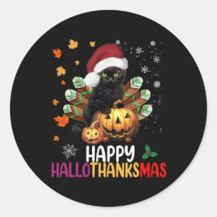 Black Cat Halloween Happy Hallothanksmas Merry Chr Runder Aufkleber