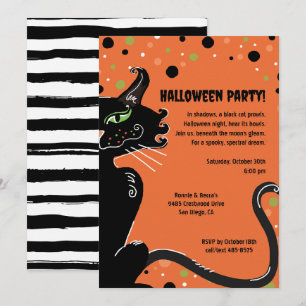Black Cat Halloween-Party Spooky Whimsical Orange Einladung
