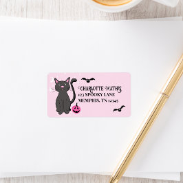 Black Cat Halloween Pink Pumpkin Bats Girl Adressaufkleber