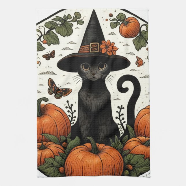 Black Cat Halloween Pumpkin-Patch Geschirrtuch (Vertikal)