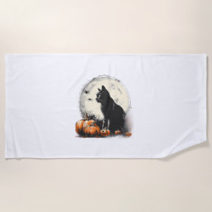 Black Cat Halloween Spooky Moon Artwork Pumpkin Sp Strandtuch