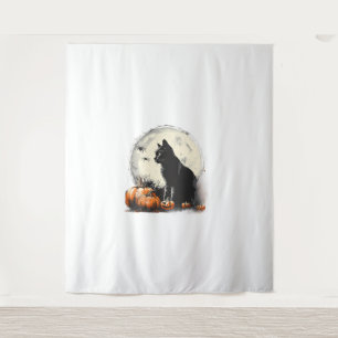 Black Cat Halloween Spooky Moon Artwork Pumpkin Sp Wandteppich