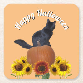 Black Cat Halloween Sunflowers Pumpkins Orange Rechteckiger Pappuntersetzer
