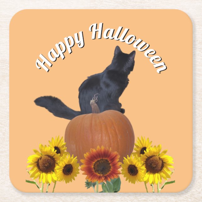  Black Cat Halloween Sunflowers Pumpkins Orange  Rechteckiger Pappuntersetzer (Vorderseite)