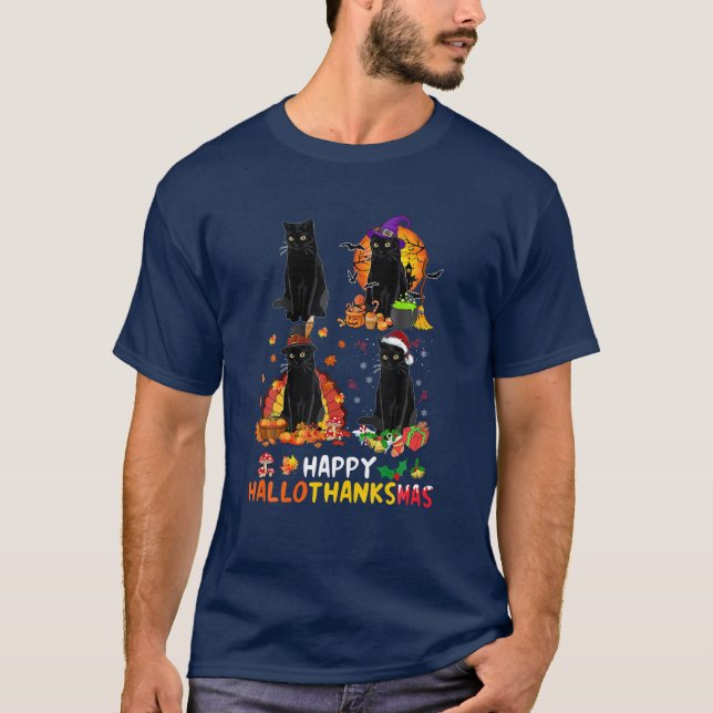 Black Cat Halloween und frohe Weihnachts Happy Hal T-Shirt (Vorderseite)