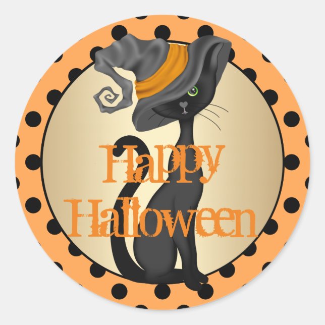 Black Cat Happy Halloween Runder Aufkleber (Vorderseite)
