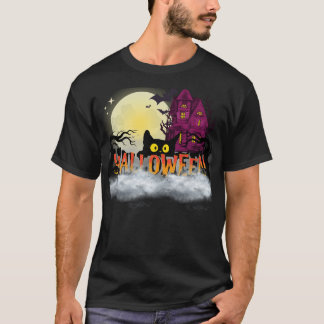Black Cat & Haunted House – Halloween Night Design T-Shirt