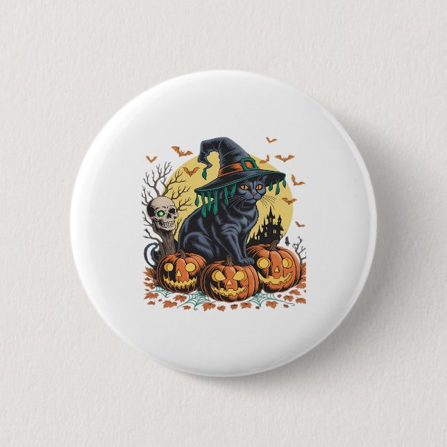 Black Cat Hexe Beängstigend Halloween Pumpkin Over Button (Vorderseite)