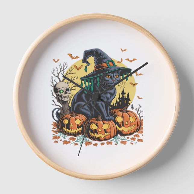 Black Cat Hexe Beängstigend Halloween Pumpkin Over Uhr (Vorderseite)