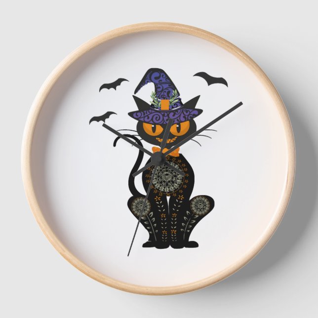Black Cat Hexe Halloween-Hemd Uhr (Vorderseite)