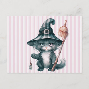 Black Cat Hexen Hat Broom Pink Streifen Halloween Feiertagspostkarte