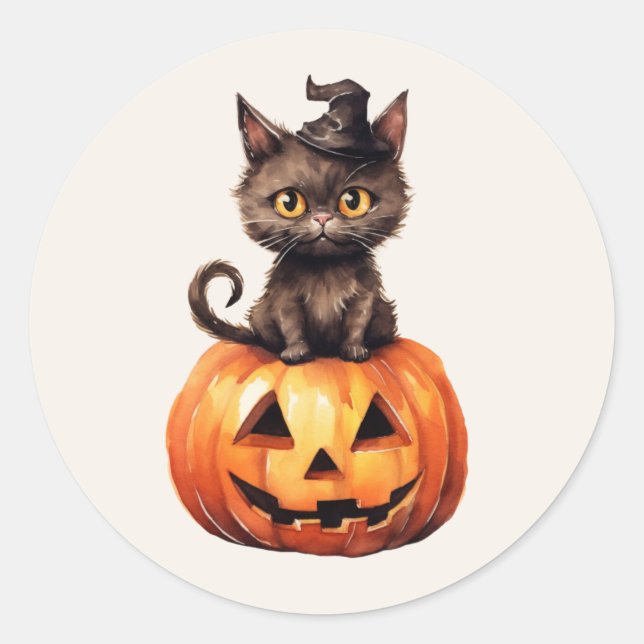 Black Cat Hexenhut Orange Kürbislaterne Pumpkin Runder Aufkleber (Vorderseite)