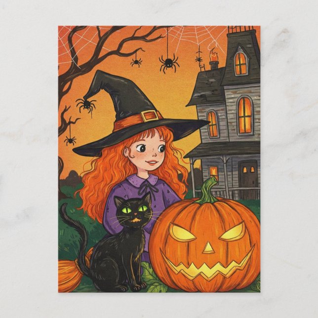 Black Cat Hexenspinnen Pumpkin Halloween Postcard Postkarte (Vorderseite)