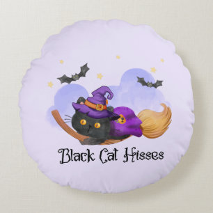 Black Cat Hisses Rundes Kissen