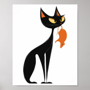 Black Cat Holding Orange Rat Poster