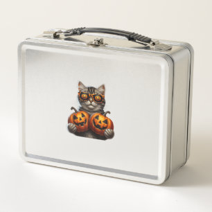 Black Cat Holding Pumpkin Halloween Cat Lovers Wom Metall Brotdose