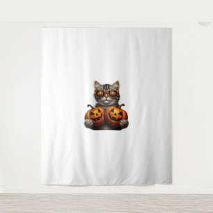 Black Cat Holding Pumpkin Halloween Cat Lovers Wom Wandteppich